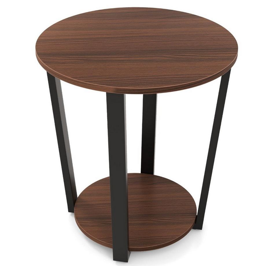 Runder Beistelltisch mit Offener Ablage & Metallrahmen 2-stufiger Akzenttisch Sofatisch-Walnuss
