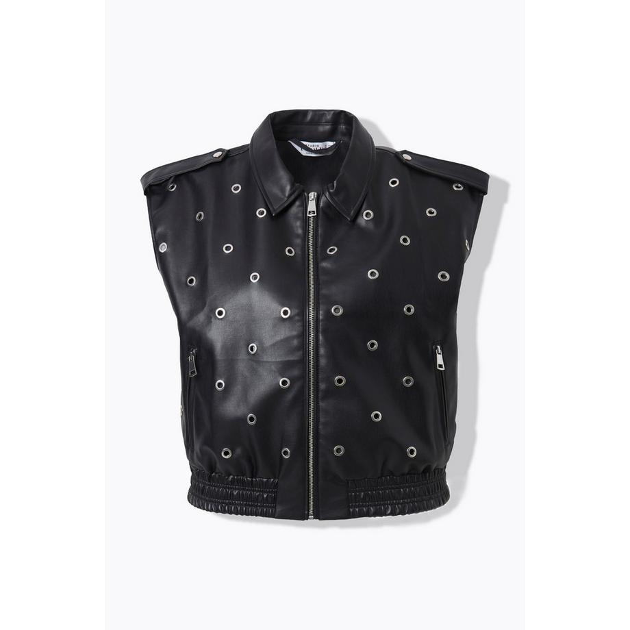 Studio Untold Veste sans manches Simili Cuir Coupe Courte Boxy Œillets Décoratifs  