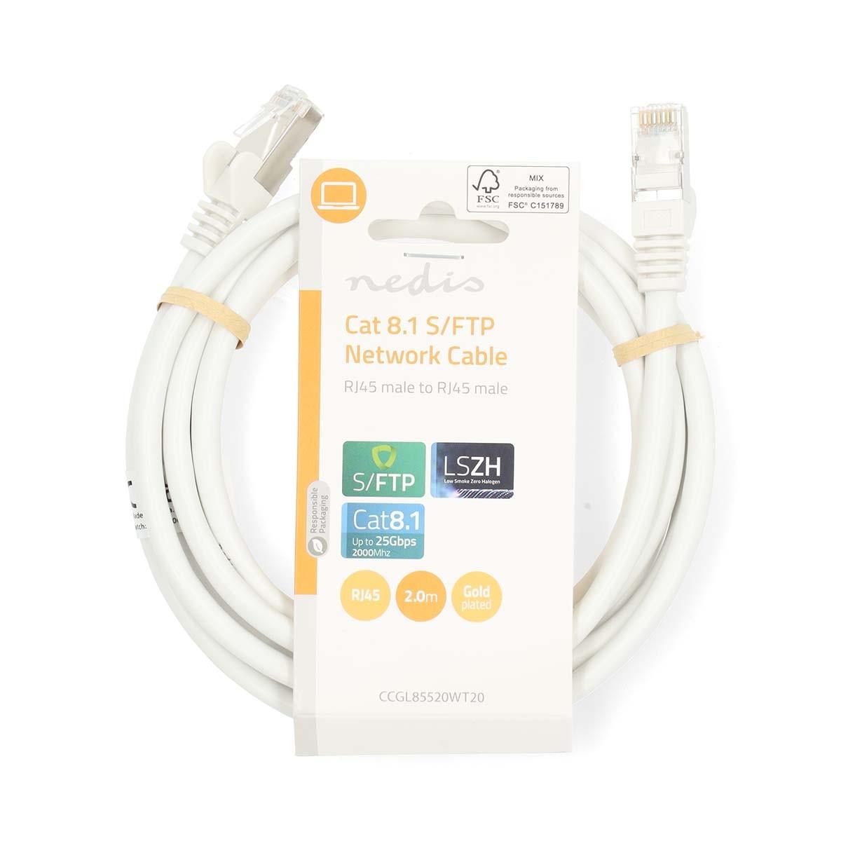 Nedis  Câble réseau Cat 8.1 | S/FTP | RJ45 Mâle | RJ45 Mâle | 2,00 m | Rond | LSZH | Blanc | Étiquette 