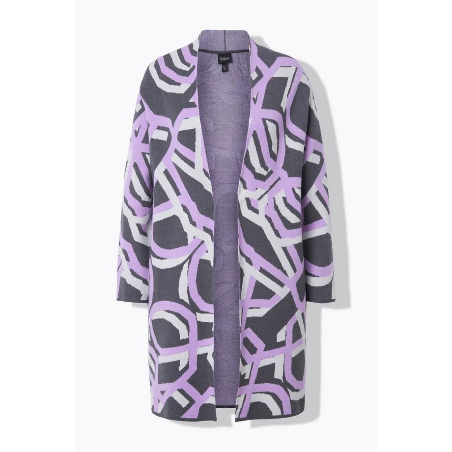 Ulla Popken Cardigan Lungo Motivo Grafico Aperto Collo Alto  