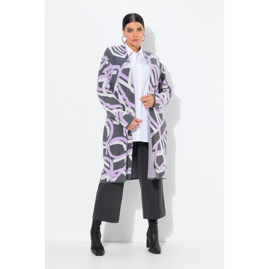 Ulla Popken Cardigan Lungo Motivo Grafico Aperto Collo Alto  