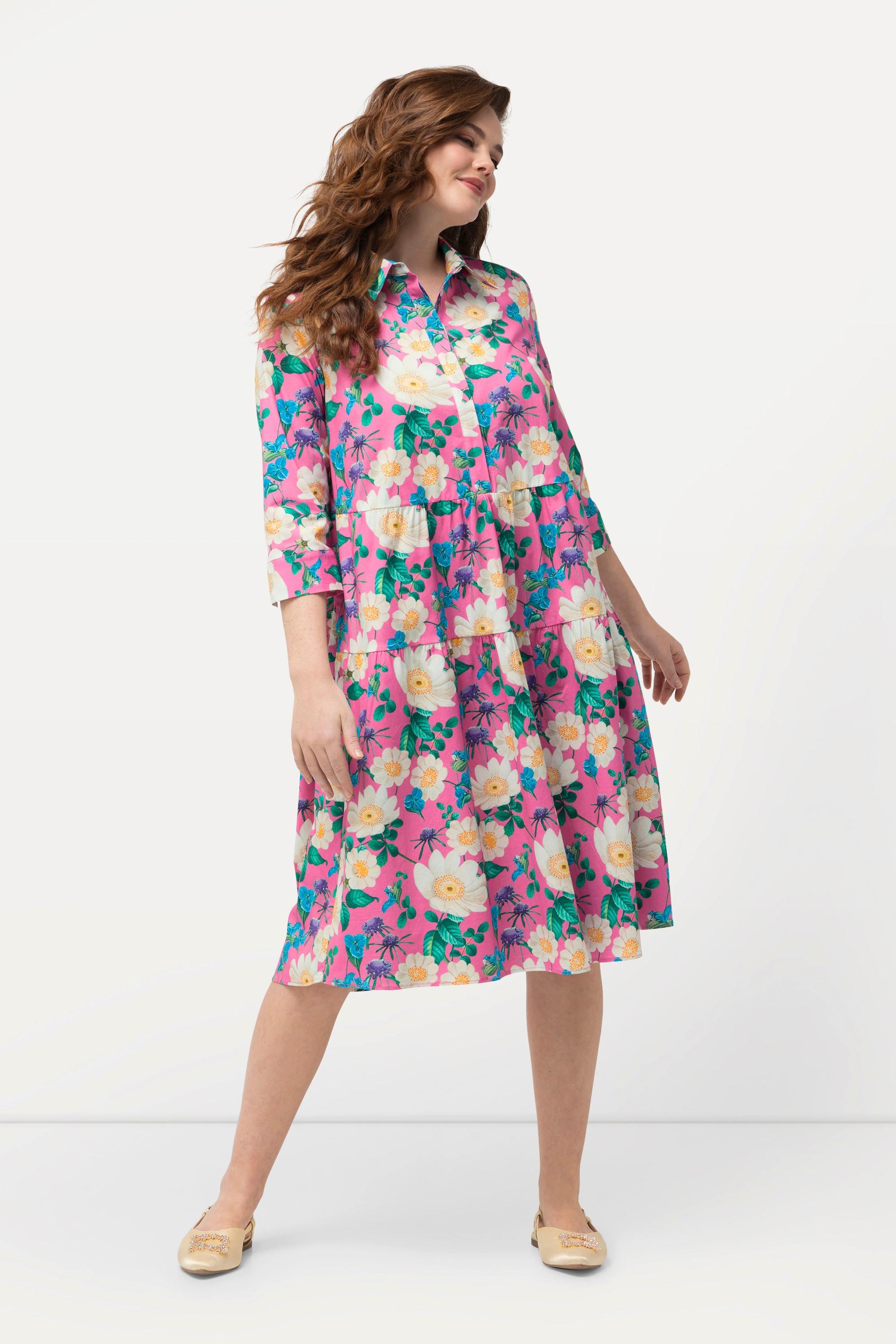 Ulla Popken  Robe chemisier, fleurs, coupe évasée, manches 3/4 