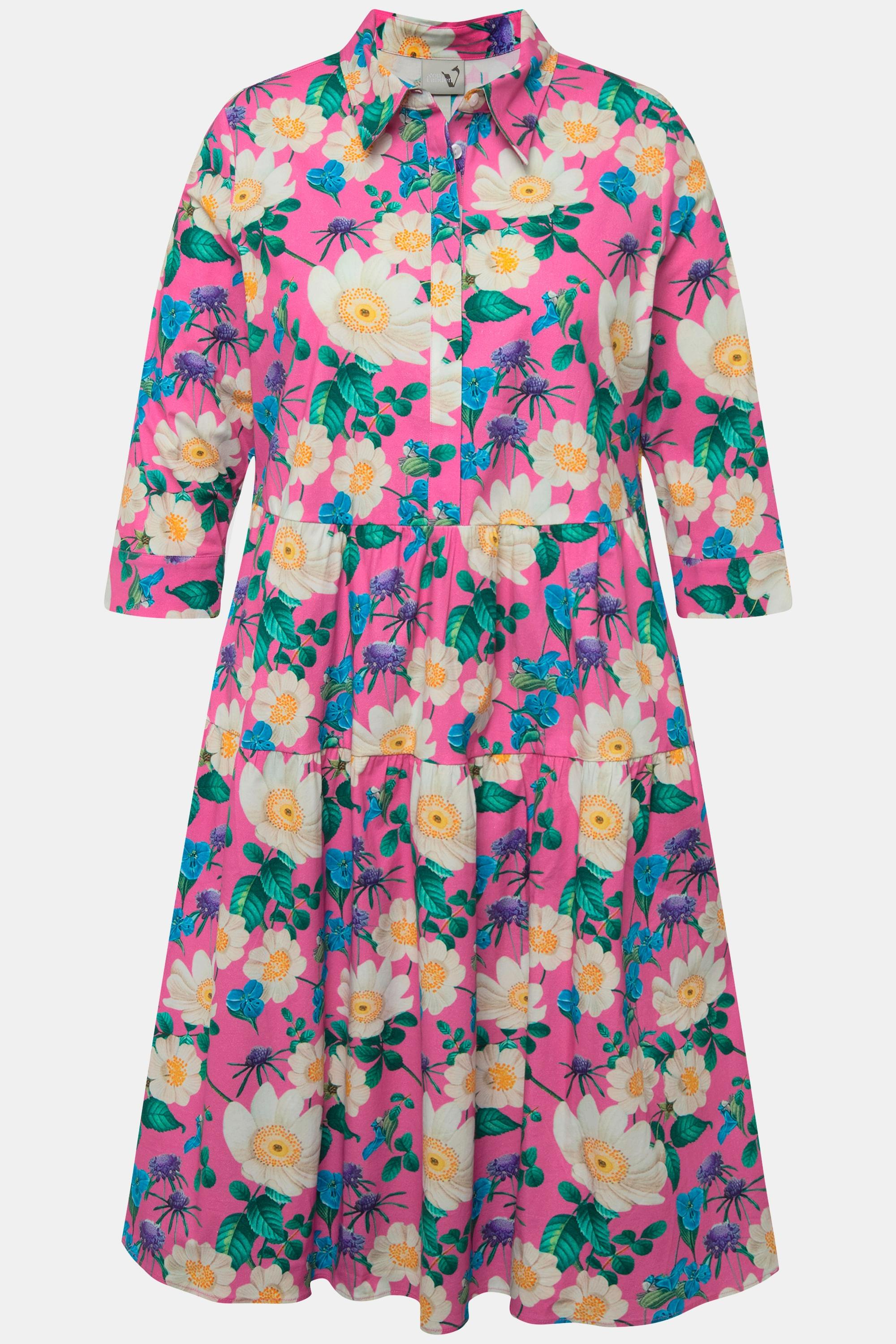 Ulla Popken  Robe chemisier, fleurs, coupe évasée, manches 3/4 