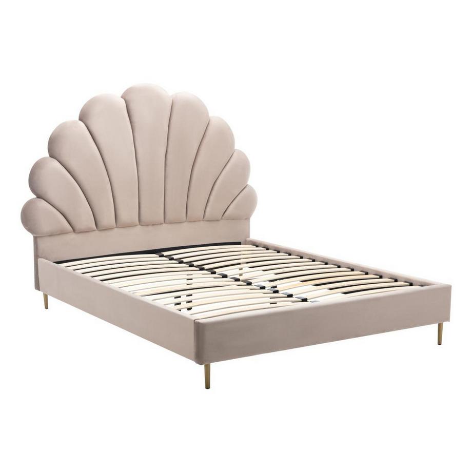 Vente-unique Bett mit Kopfteil in Muschelform + Matratze - 160 x 200 cm - Samt - Beige - LIVAYA  