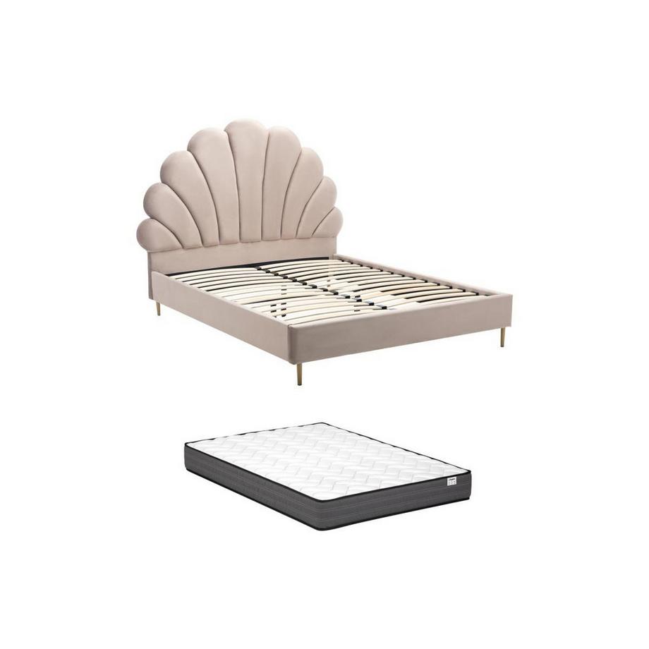 Bett mit Kopfteil in Muschelform + Matratze - 160 x 200 cm - Samt - Beige - LIVAYA