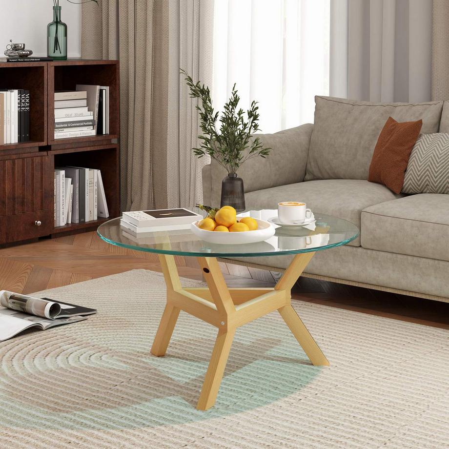 Northio Couchtisch aus Hartglas, Wohnzimmertisch mit verstellbaren Fußpolstern und Stahllrahmen, runder Beistelltisch für Wohnzimmer, Transparent, Ø80 x 45 cm  