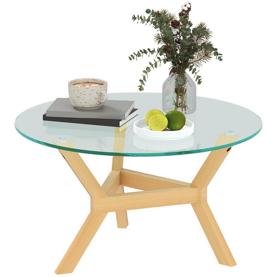 Couchtisch aus Hartglas, Wohnzimmertisch mit verstellbaren Fußpolstern und Stahllrahmen, runder Beistelltisch für Wohnzimmer, Transparent, Ø80 x 45 cm