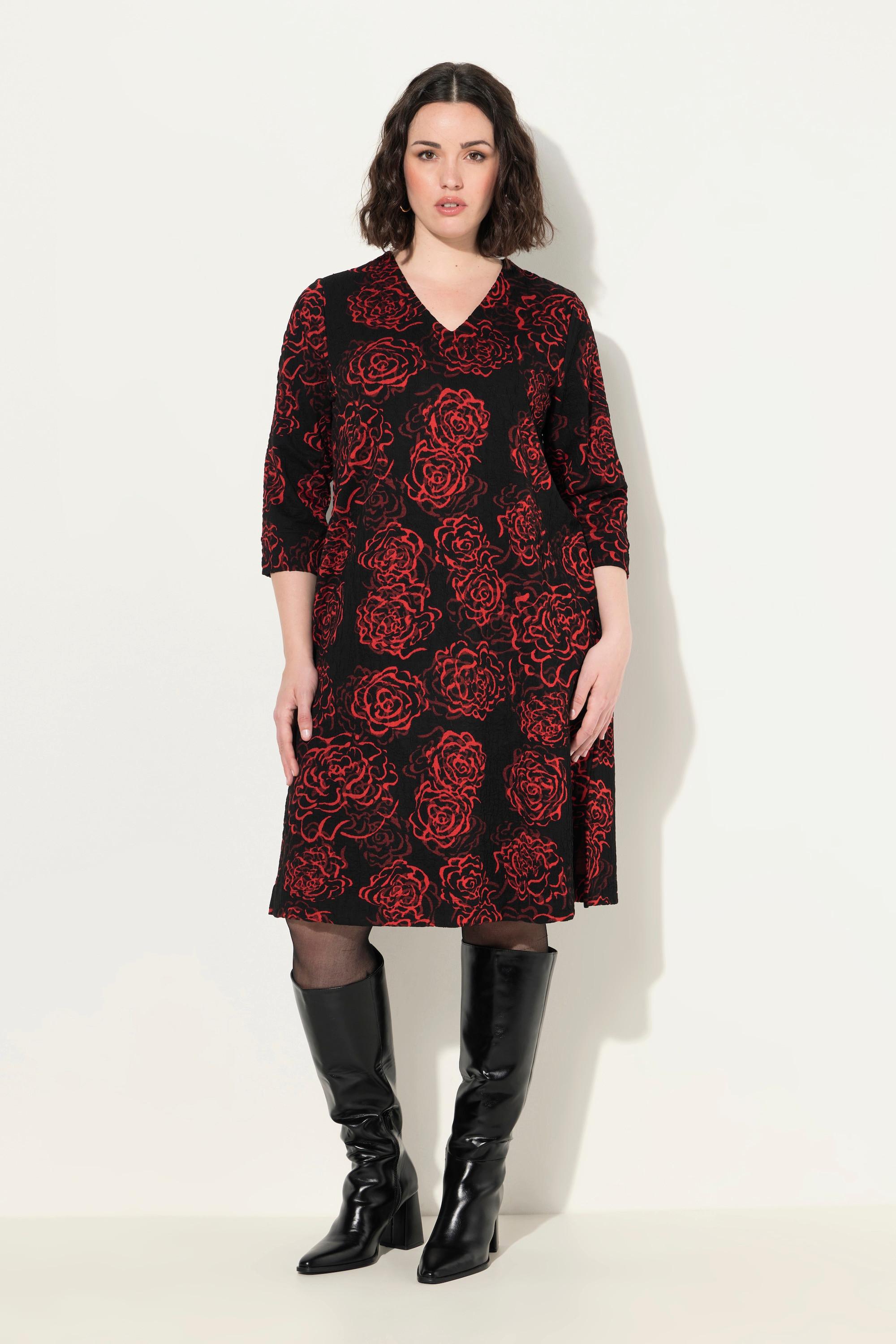 Ulla Popken  Robe en jersey, motif Jacquard, décolleté en V et manches 3/4, poches 