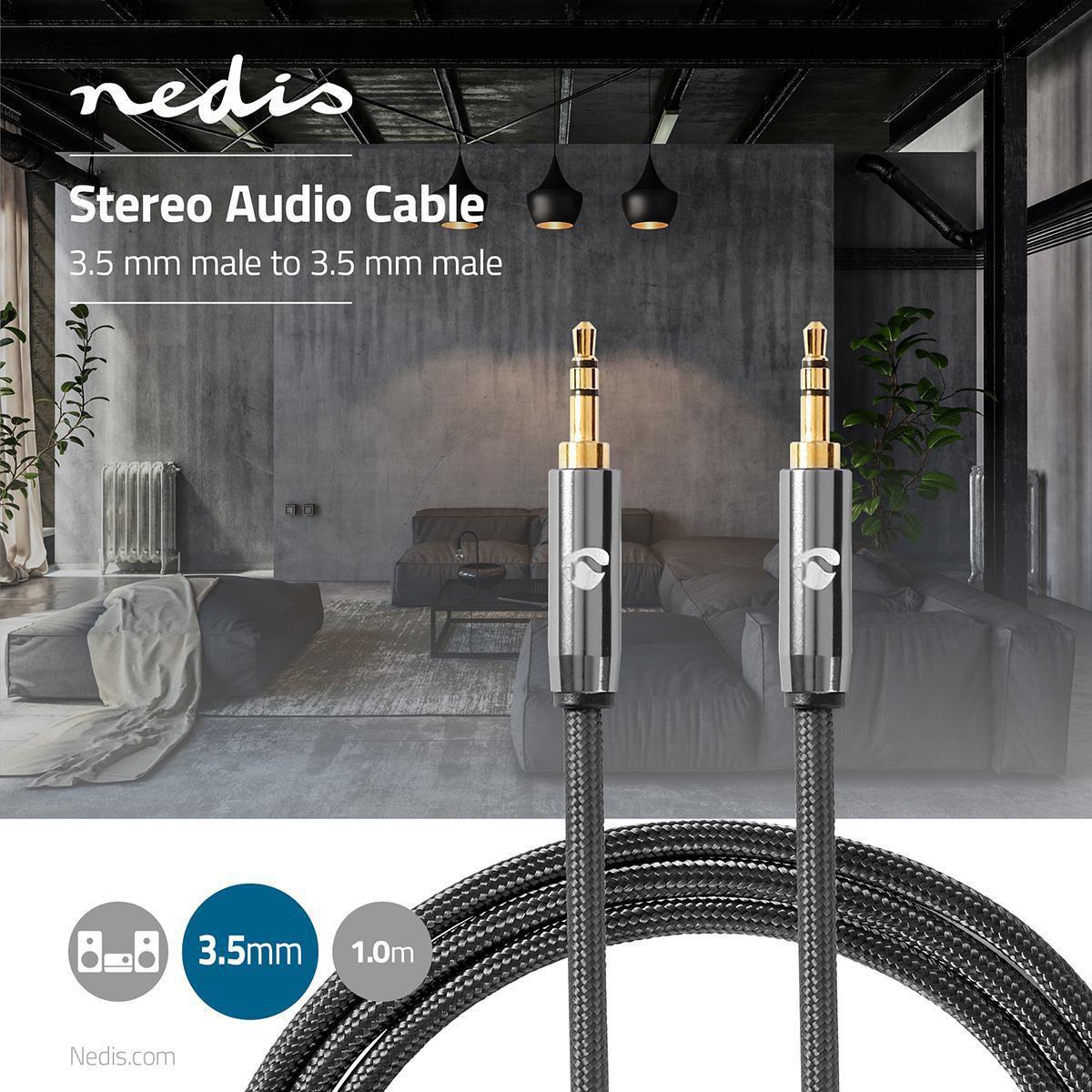 Nedis  Stereo-Audiokabel | 3,5 mm Stecker | 3,5 mm Stecker | Vergoldet | 1,00 m | Rund | Anthrazit / Grau mit Metall | Karton mit Sichtfenster 