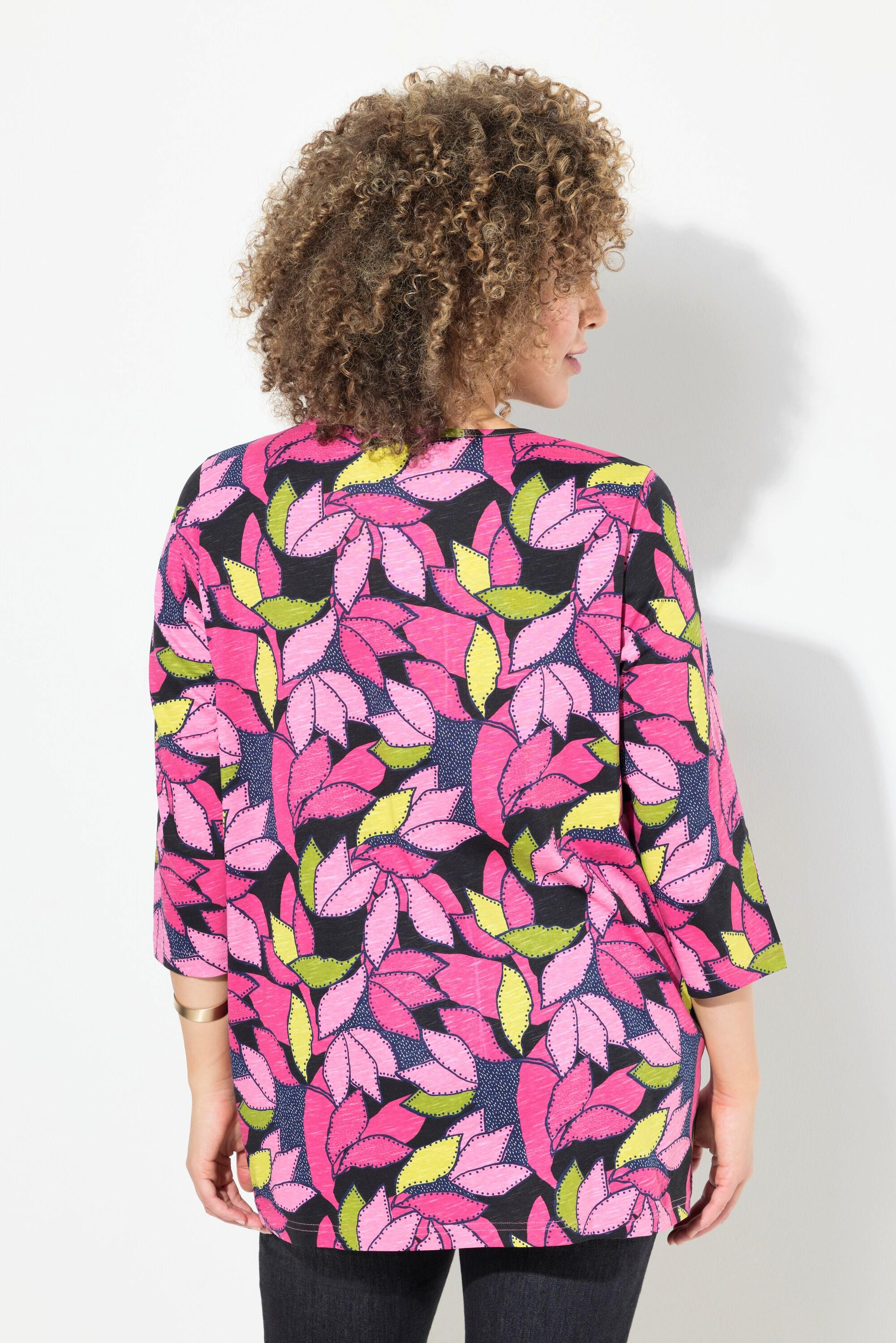 Ulla Popken Maglia Stampa Foglie Linea A Scollo V Maniche 3/4  