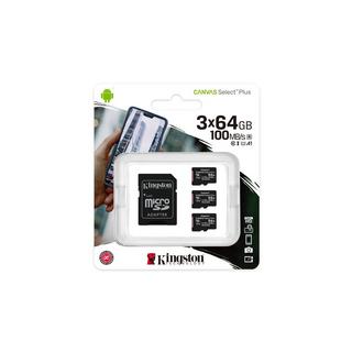 Kingston  64GB MICROSDXC CANVAS SELECT 3P 3PC 100R A1 C10 CARD+SD ADAPTER 