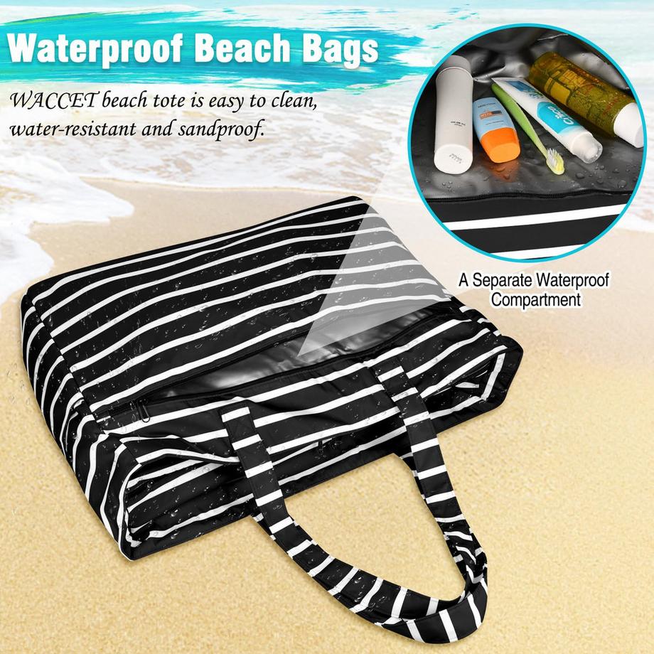 Only-bags.store Grande borsa da spiaggia a righe impermeabile con cerniera  