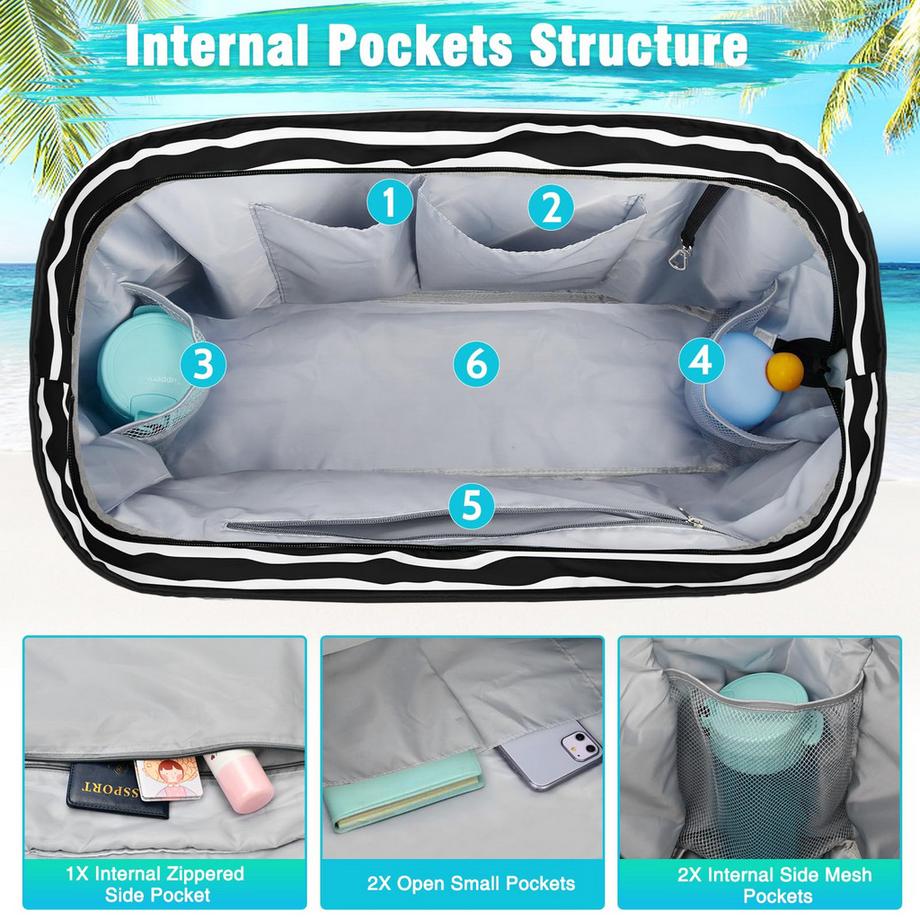 Only-bags.store Grande borsa da spiaggia a righe impermeabile con cerniera  