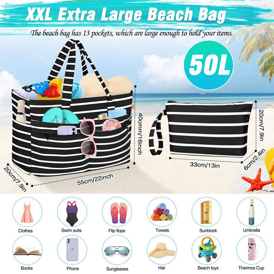 Only-bags.store Grande borsa da spiaggia a righe impermeabile con cerniera  