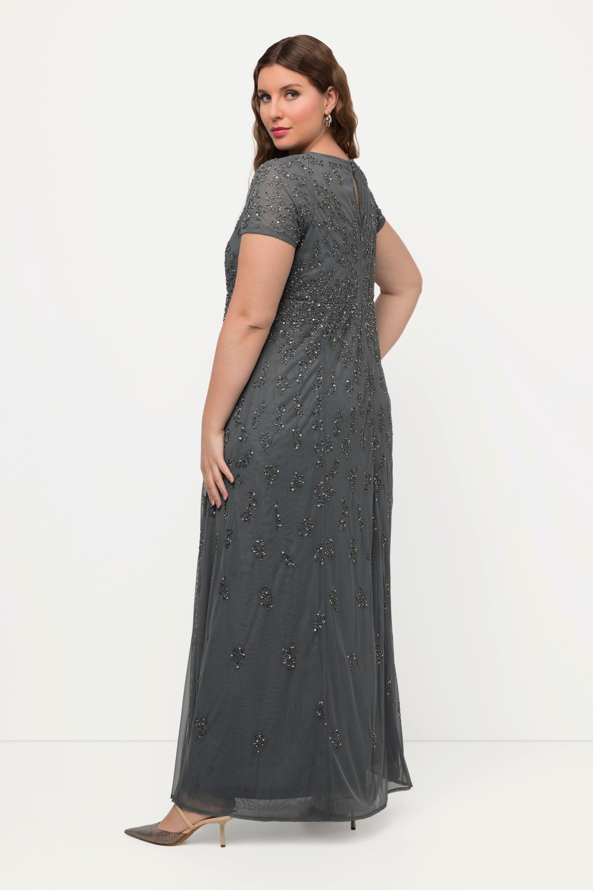 Ulla Popken Robe en Tulle Perles Brodées Décolleté Rond Manches Courtes  