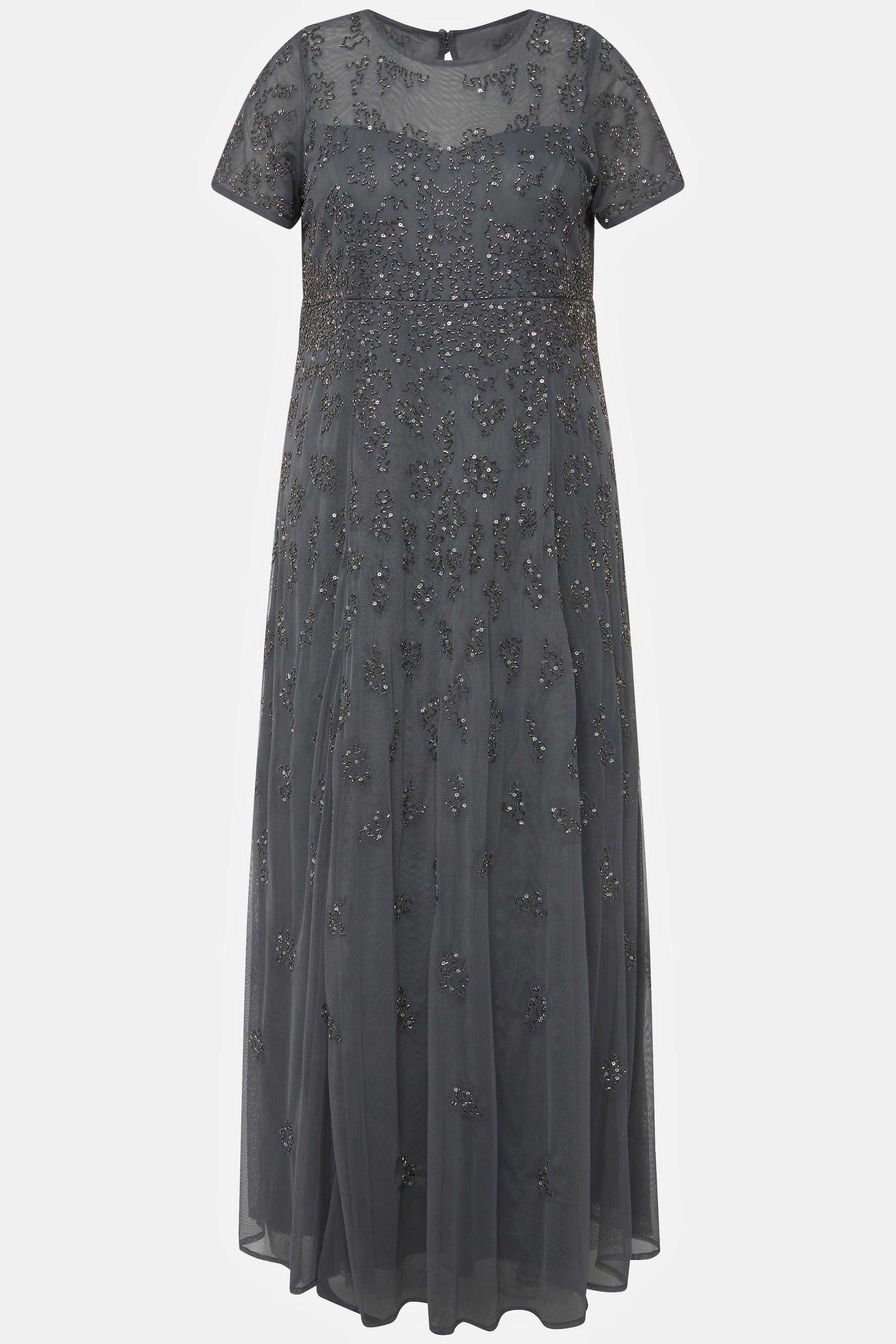 Ulla Popken Robe en Tulle Perles Brodées Décolleté Rond Manches Courtes  