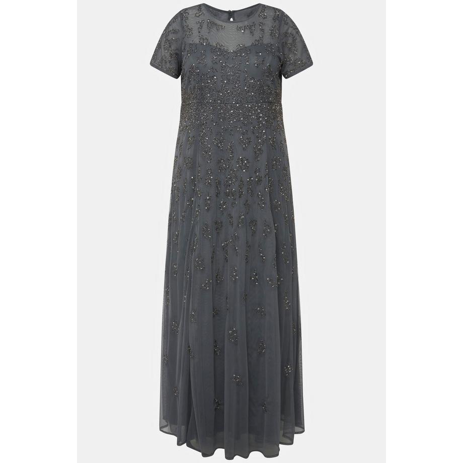 Ulla Popken Meshkleid Perlenstickerei Rundhals Halbarm  