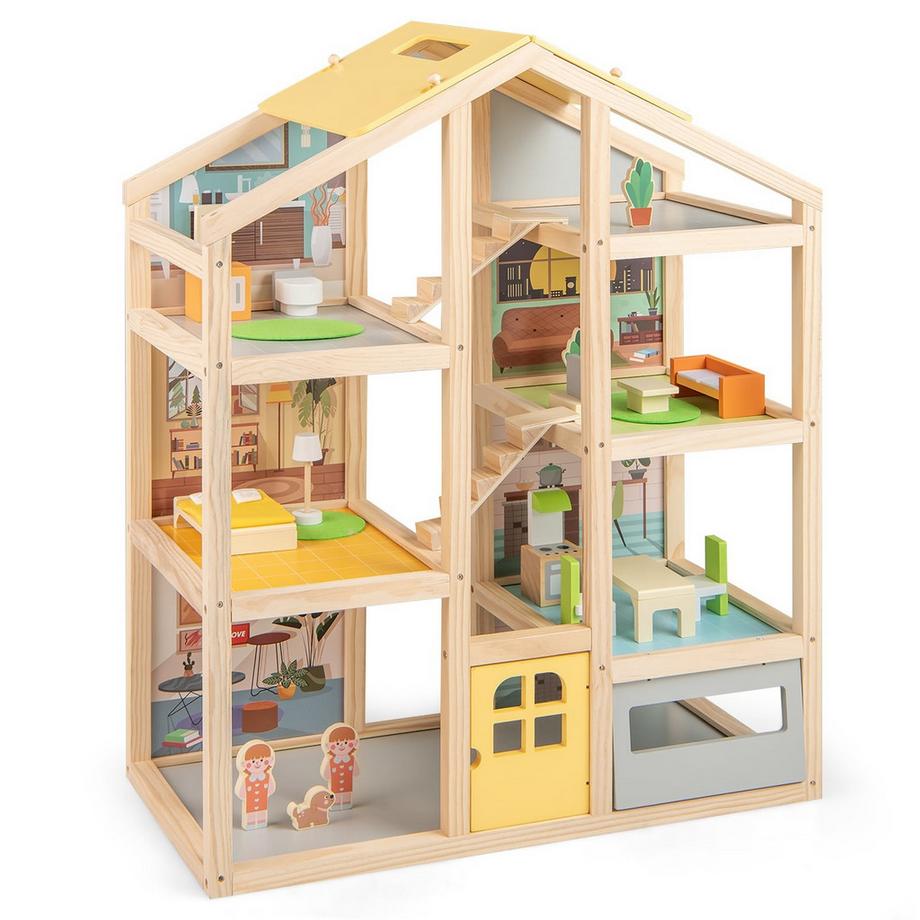 Casa delle bambole in legno con mobili