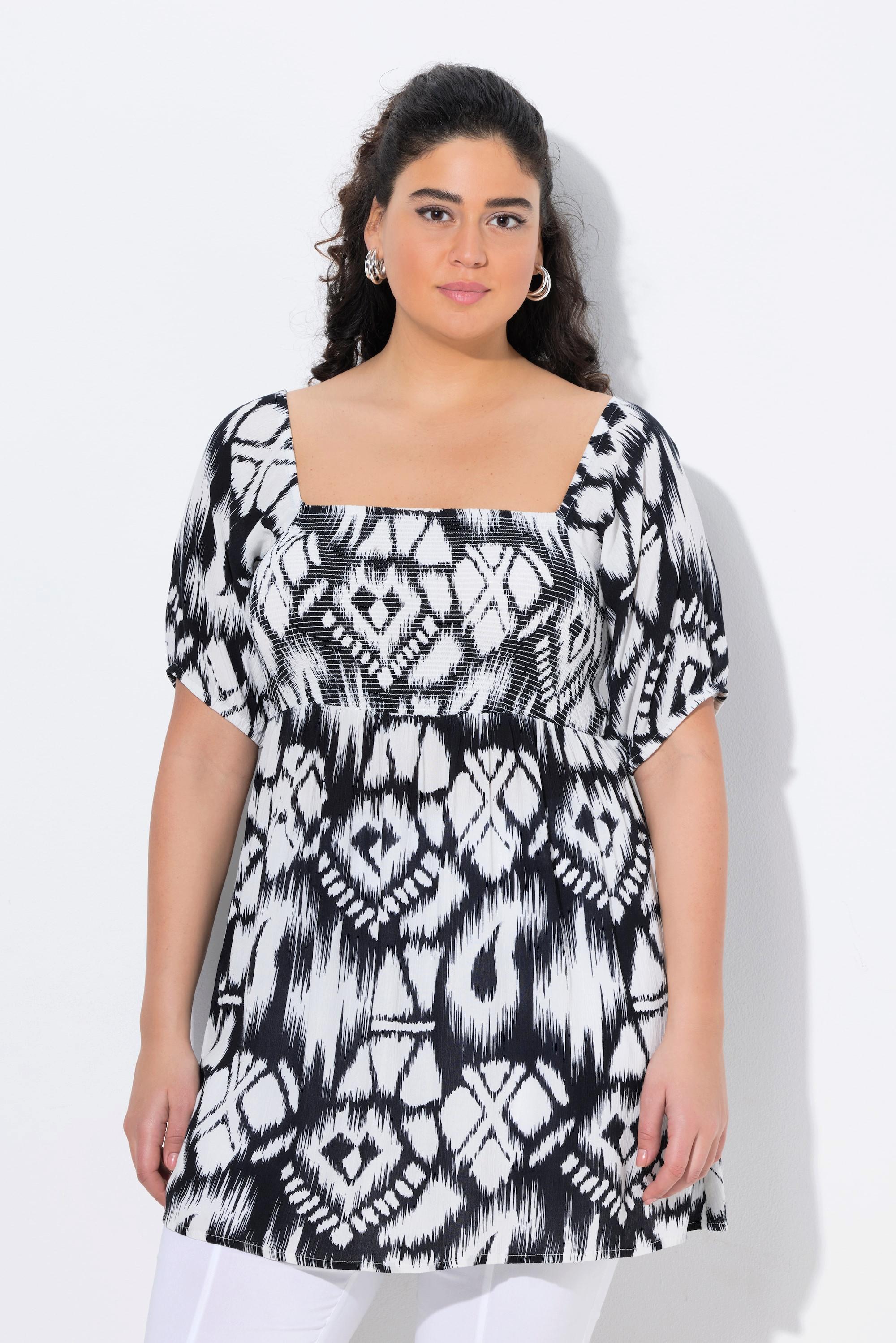 Ulla Popken Blusa Smock Scollo Quadrato Maniche Corte Taglio Svasato  