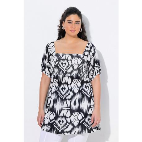 Ulla Popken Blusa Smock Scollo Quadrato Maniche Corte Taglio Svasato  