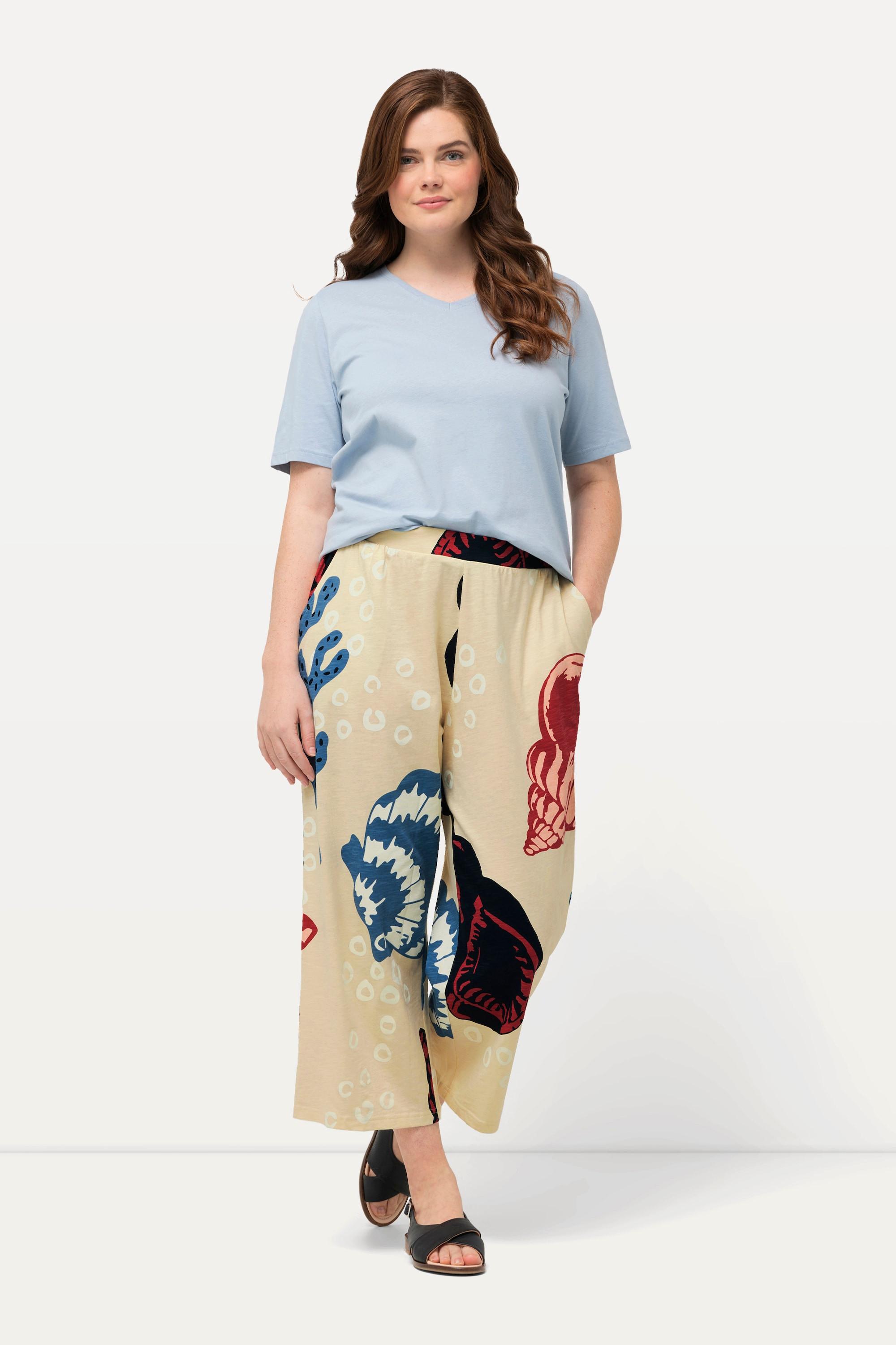 Ulla Popken  Culottes in jersey di cotone biologico con design ispirato all'oceano e taglio della gamba ampio 