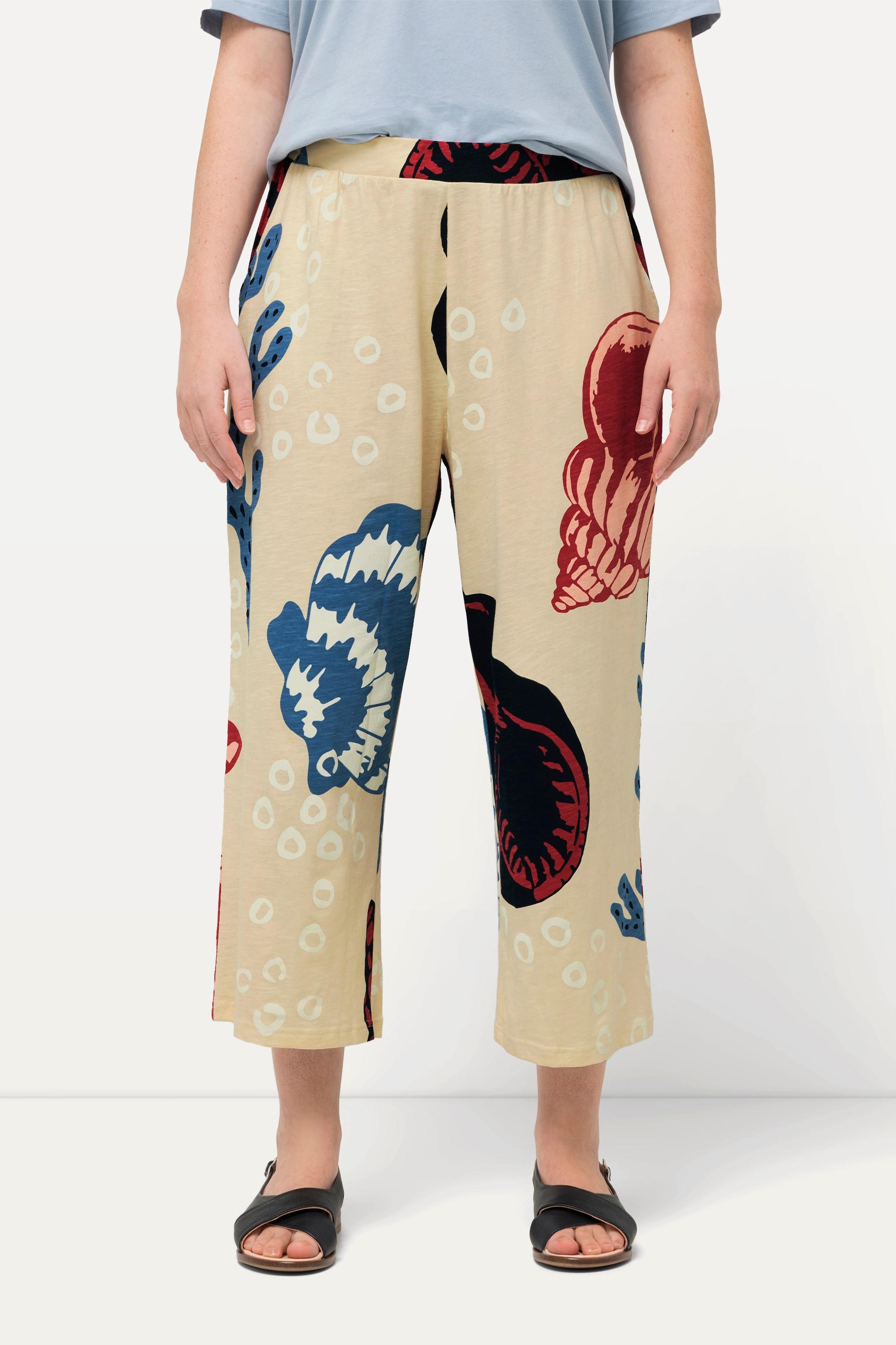 Ulla Popken  Culottes in jersey di cotone biologico con design ispirato all'oceano e taglio della gamba ampio 