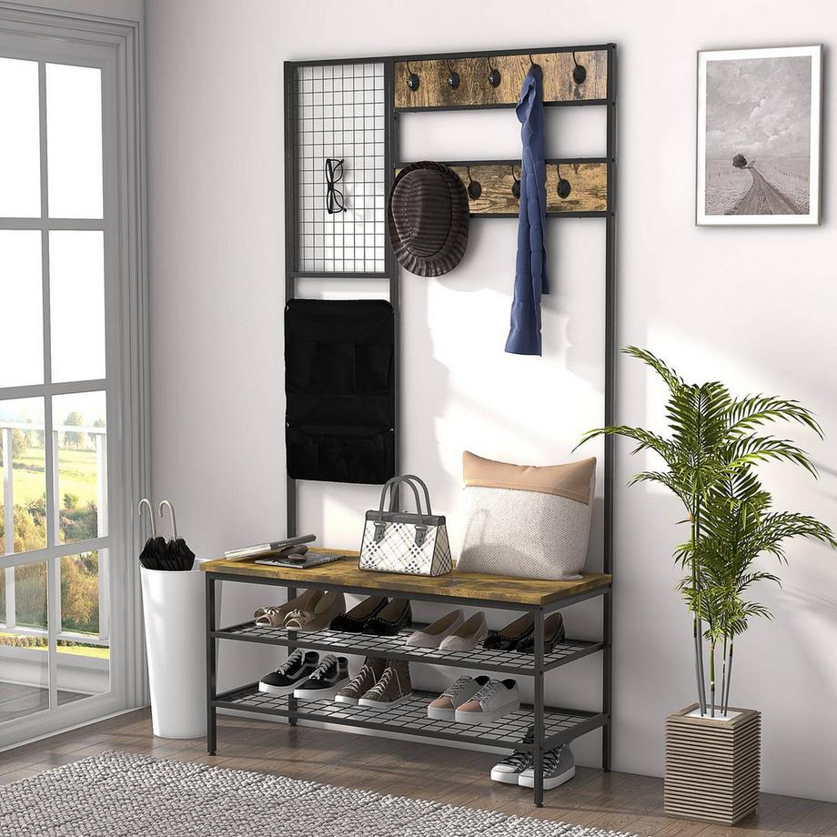 Northio Garderobenständer mit Schuhbank und Kleiderhaken Rustikal-Braun  