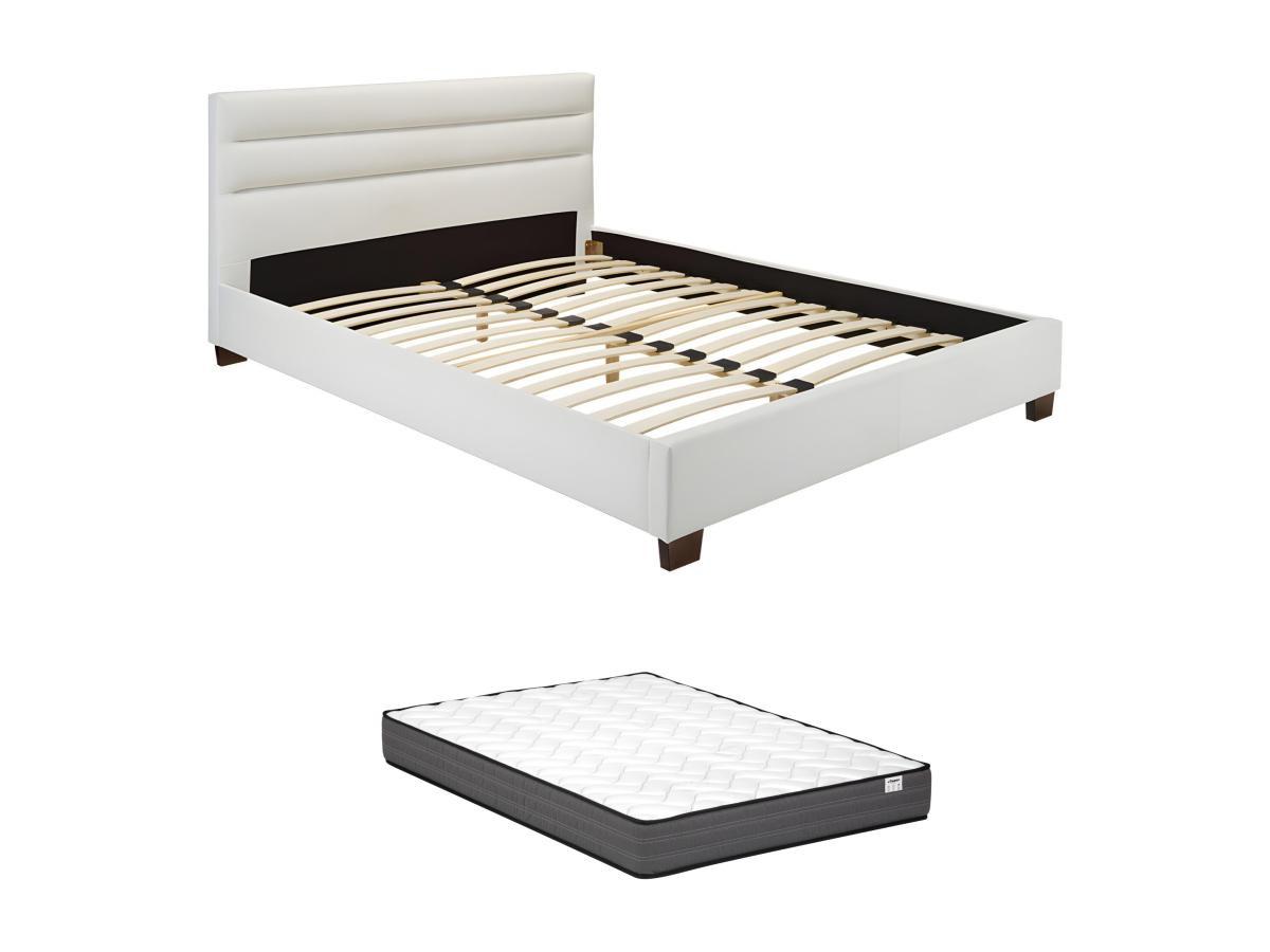 Vente-unique Letto 160 x 200 cm Similpelle Bianco + Materasso - FAUSTIN  