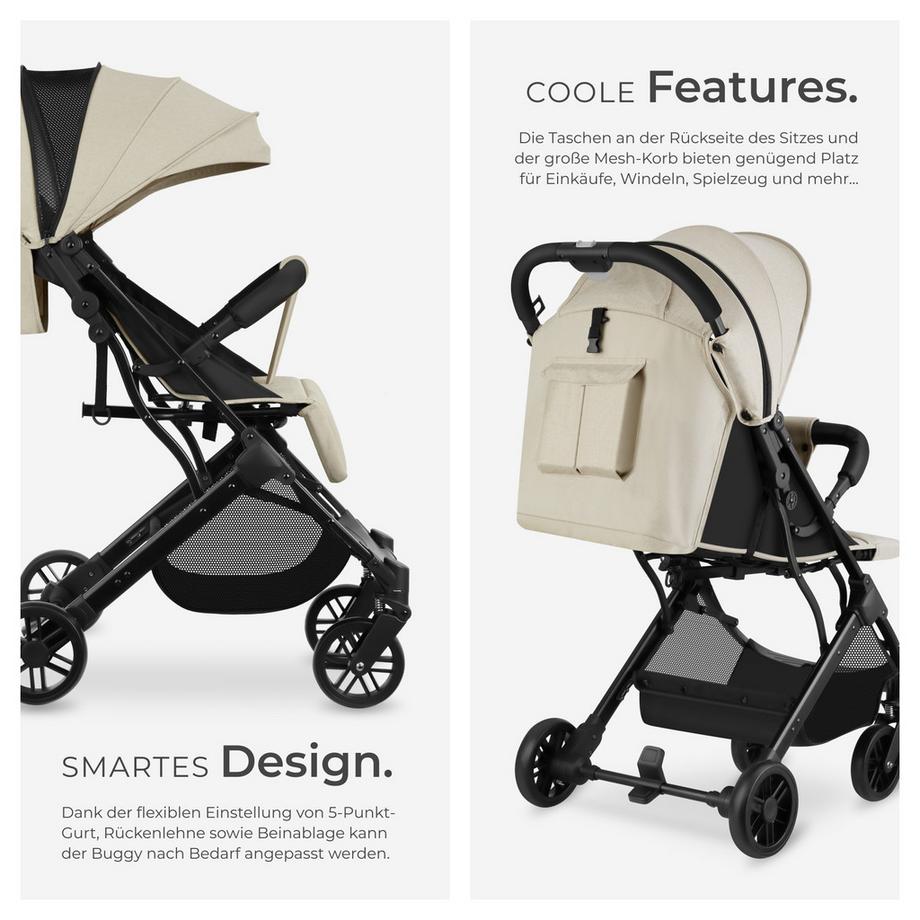 Tectake  Buggy-Kinderwagen Finn Einhand-Klappmechanismus, mit 5-Punkt-Gurt, Feststellbremse, Schutzbügel verstellbare Rückenlehne und Beinablage, faltbares Verdeck mit Belüftungsöffnungen 