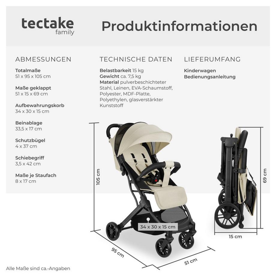 Tectake  Buggy-Kinderwagen Finn Einhand-Klappmechanismus, mit 5-Punkt-Gurt, Feststellbremse, Schutzbügel verstellbare Rückenlehne und Beinablage, faltbares Verdeck mit Belüftungsöffnungen 