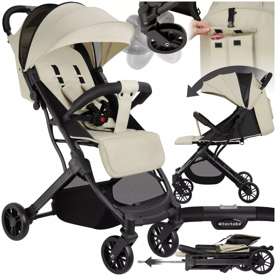 Tectake - Poussette buggy FINN pliage à une main avec harnais à 5 points, frein de stationnement et arceau de sécurité, Greige