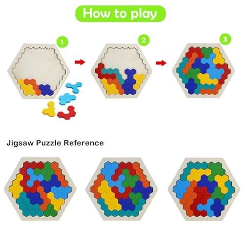 Activity-board  Puzzle hexagonal en bois, puzzle de 4, jouet d'apprentissage créatif, favorise l'imagination spatiale et la pensée logique, puzzle d'apprentissage. 