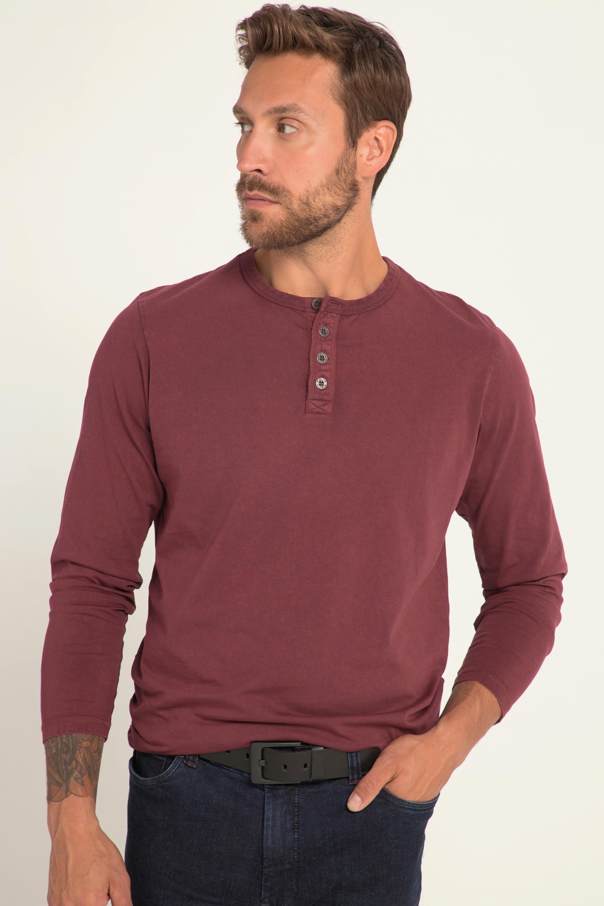 JP1880  T-shirt Henley à col rond et manches longues, style vintage, patte de boutonnage - jusqu'au 8 XL 