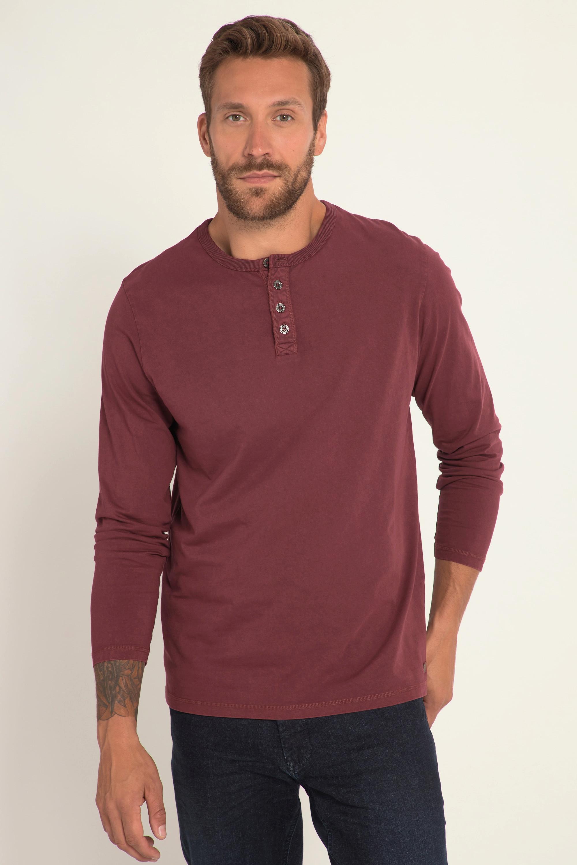 JP1880  T-shirt Henley à col rond et manches longues, style vintage, patte de boutonnage - jusqu'au 8 XL 