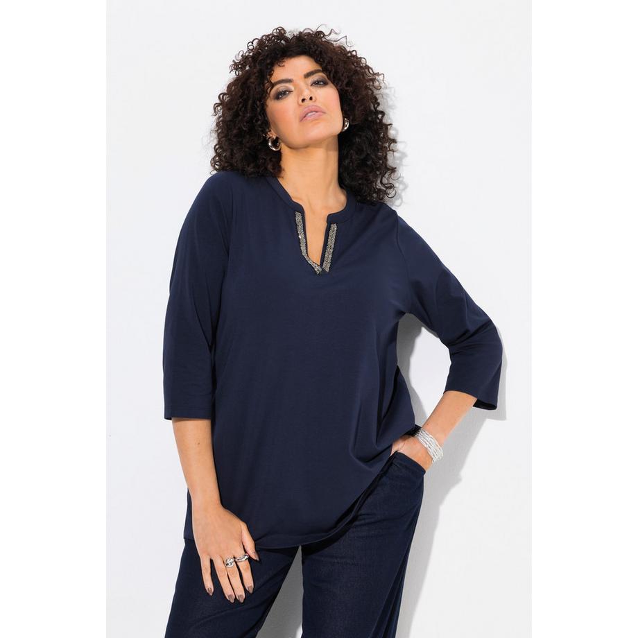 Ulla Popken T-shirt long Col tunisien Manches 3/4 Coupe évasée  