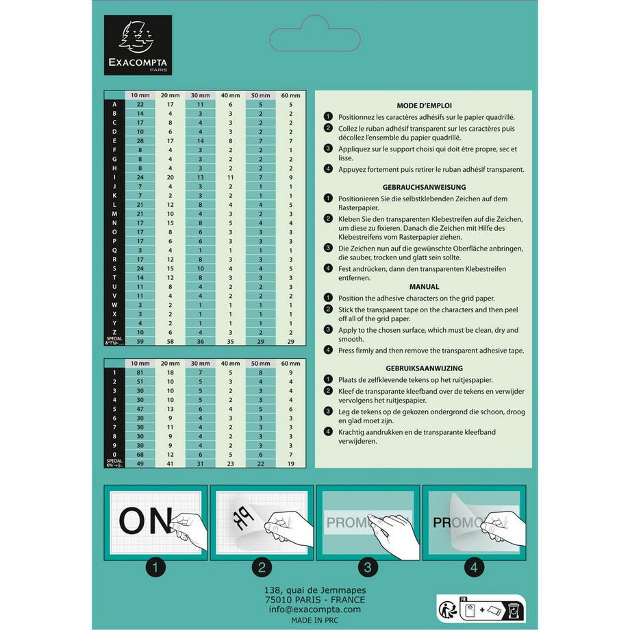 Exacompta Pochette de lettres adhésives noires A-Z 60 mm - x 10  