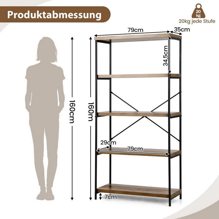 Northio Bücherregal mit 5 Ebenen & Metallrahmen & Industrie-Design Standregal Büroregal Braun  
