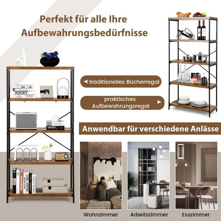 Northio Bücherregal mit 5 Ebenen & Metallrahmen & Industrie-Design Standregal Büroregal Braun  