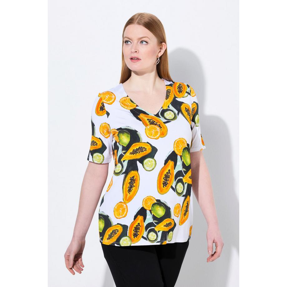 Ulla Popken Slinky Classic Stampa Papaya Scollo a V Mezza Manica Maglia  