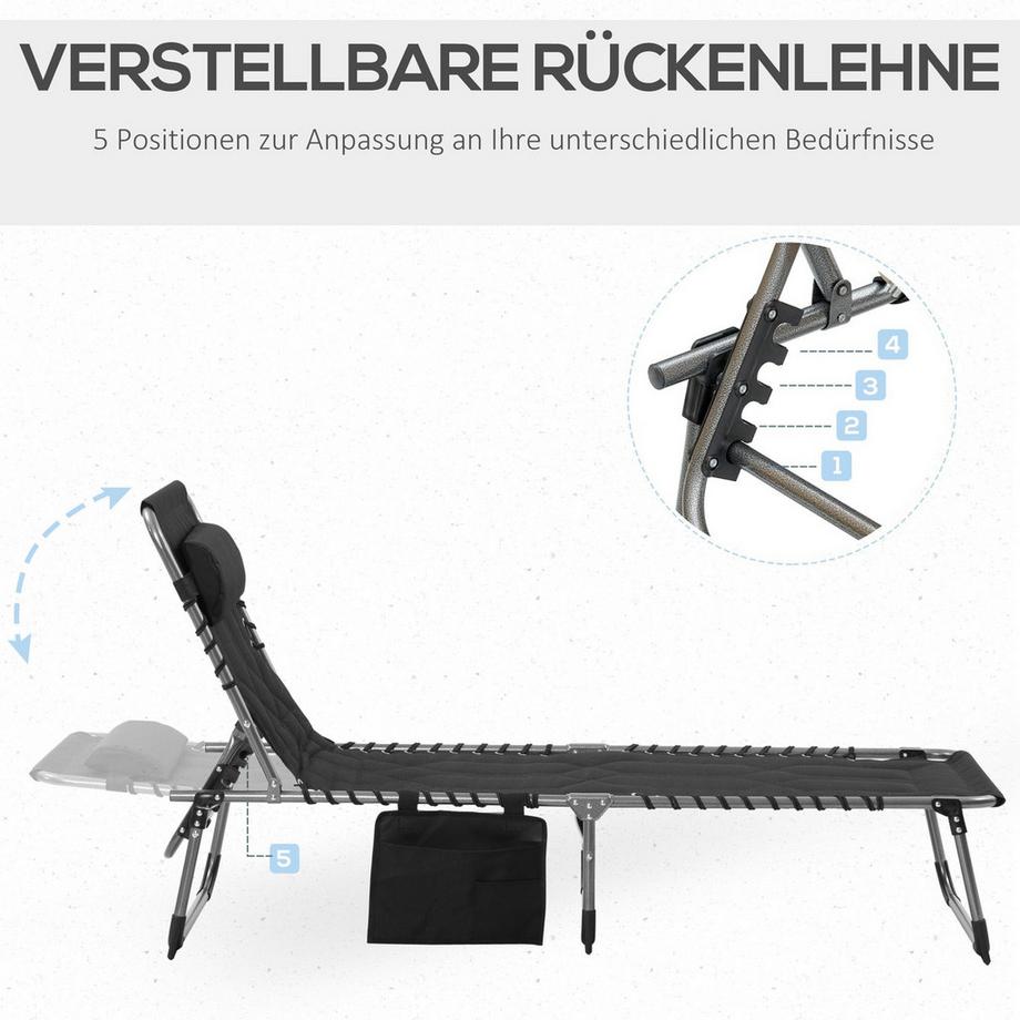 Northio Sonnenliege Faltbar Gartenliege Klappliege Mit Kissen Garten 5-Stufige Rückenlehne Verstellbar Stahl Oxford-Stoff Schwarz 188 X 57 X 30 Cm  