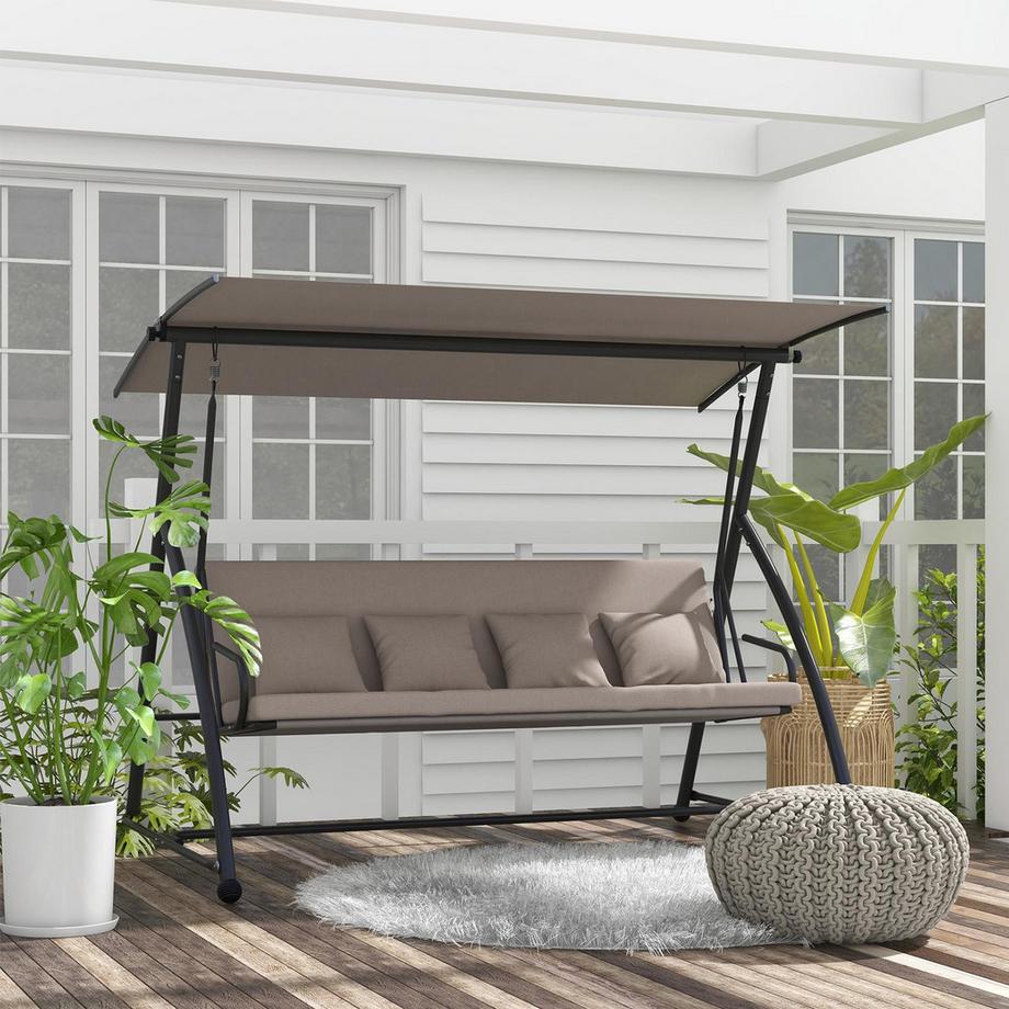 Northio 2 in 1 Hollywoodschaukel mit Liegefunktion, 3-Sitzer Gartenschaukel aus Stahl Schaukelbank mit verstellbarem Sonnendach Kissen, Gartenliege 270kg belast für Terrasse, 170x110x153cm, Hellbraun Aosom  