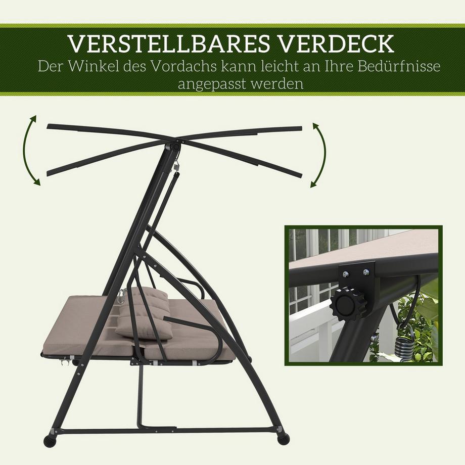 Northio 2 in 1 Hollywoodschaukel mit Liegefunktion, 3-Sitzer Gartenschaukel aus Stahl Schaukelbank mit verstellbarem Sonnendach Kissen, Gartenliege 270kg belast für Terrasse, 170x110x153cm, Hellbraun Aosom  