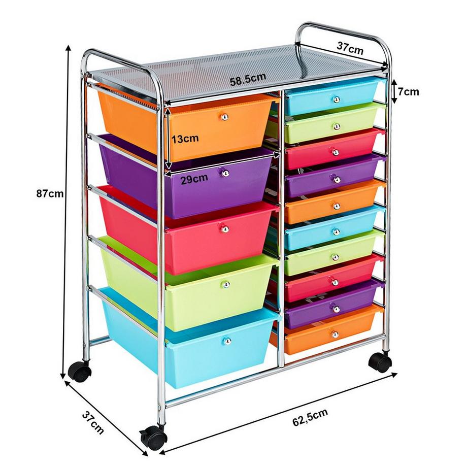 B2X Rollwagen mit 15 stapelbaren Schubladen Rollcontainer Beistellwagen Bunt/Gelb 62,5 x 37 x 87 cm-Bunt  
