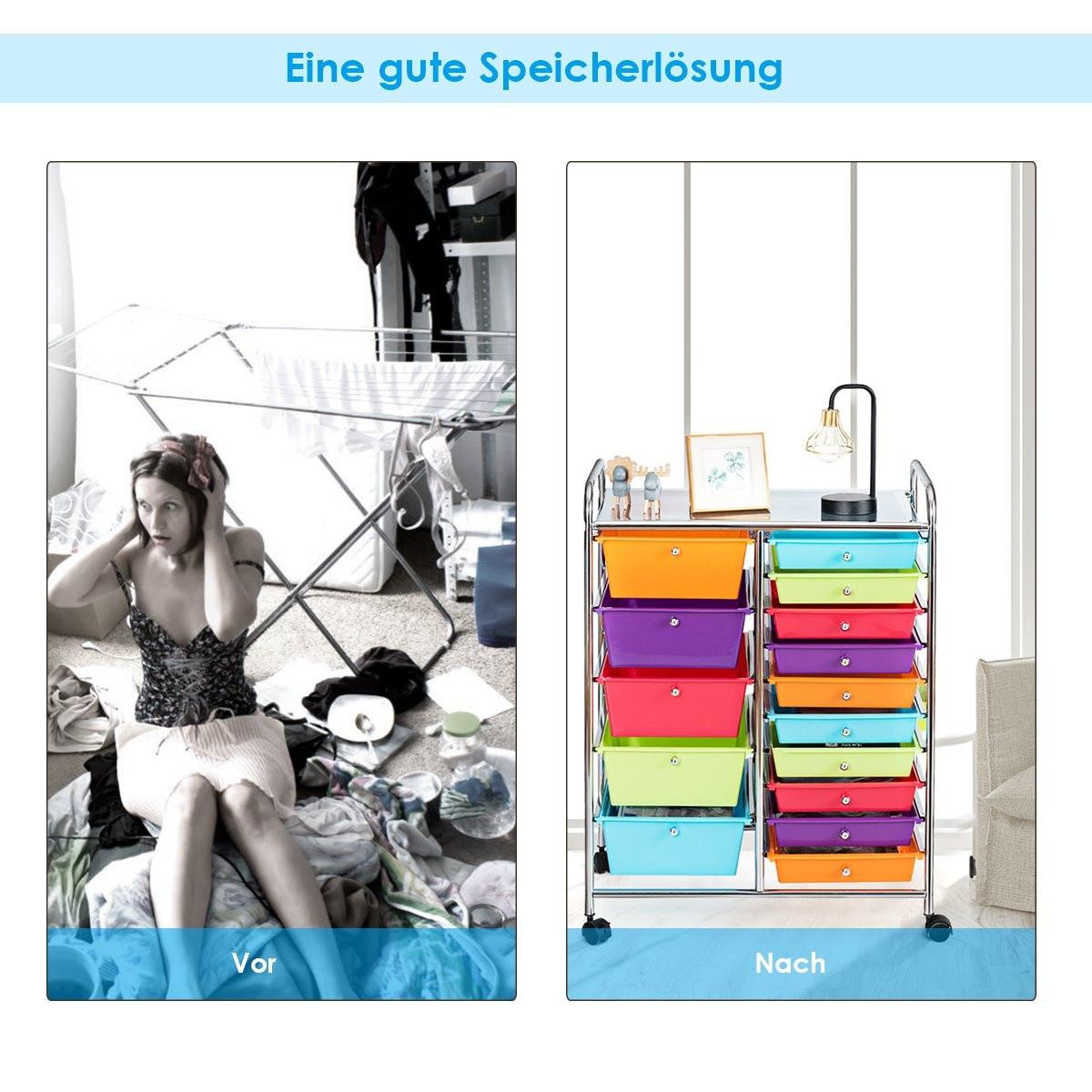 B2X Rollwagen mit 15 stapelbaren Schubladen Rollcontainer Beistellwagen Bunt/Gelb 62,5 x 37 x 87 cm-Bunt  