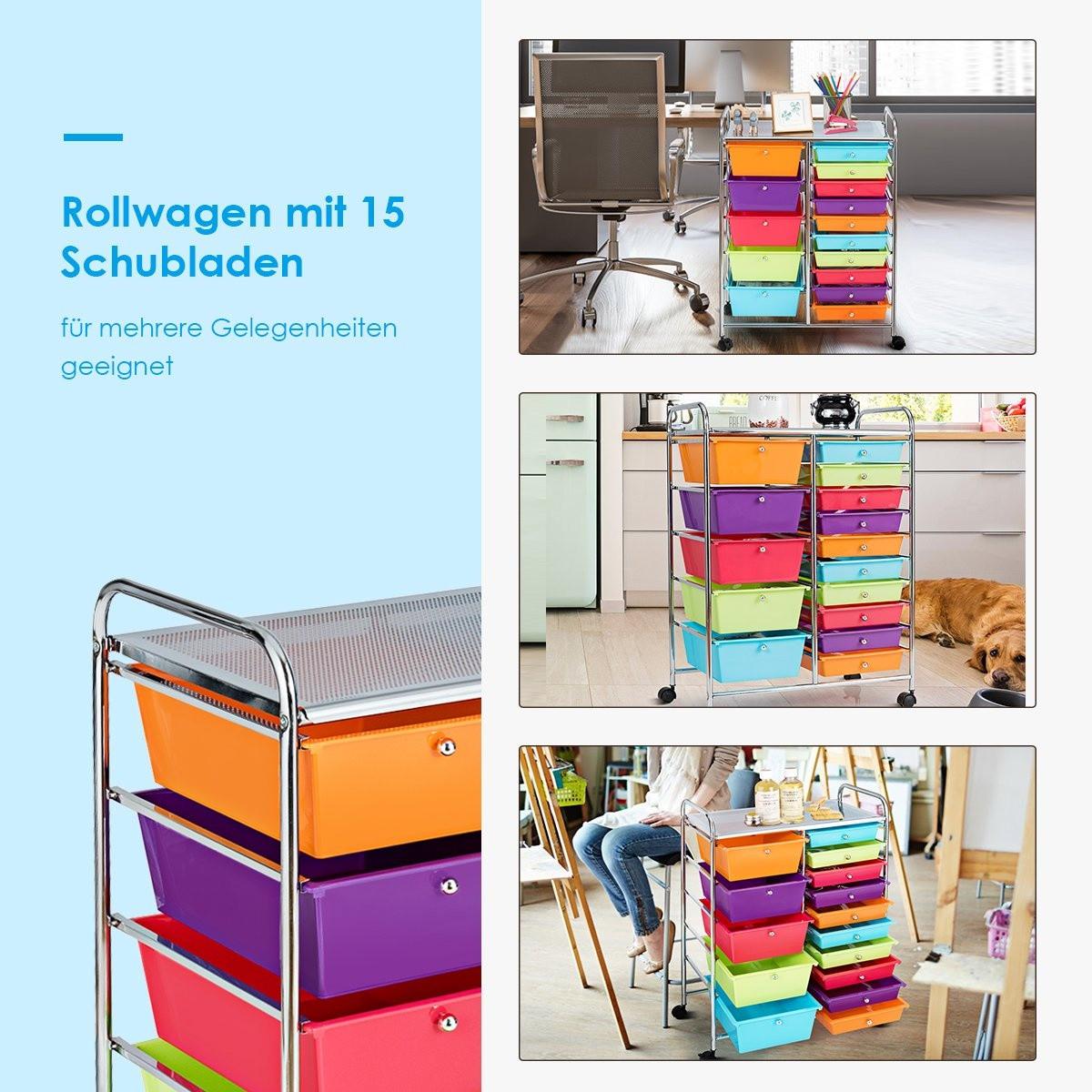 B2X Rollwagen mit 15 stapelbaren Schubladen Rollcontainer Beistellwagen Bunt/Gelb 62,5 x 37 x 87 cm-Bunt  