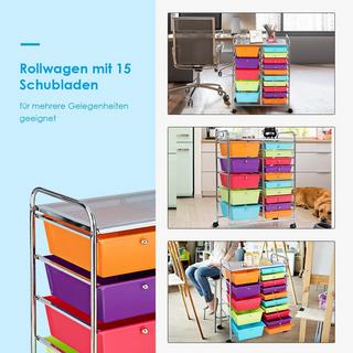 B2X Rollwagen mit 15 stapelbaren Schubladen Rollcontainer Beistellwagen Bunt/Gelb 62,5 x 37 x 87 cm-Bunt  