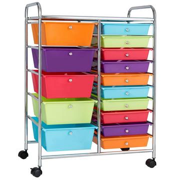 Rollwagen mit 15 stapelbaren Schubladen Rollcontainer Beistellwagen Bunt/Gelb 62,5 x 37 x 87 cm-Bunt