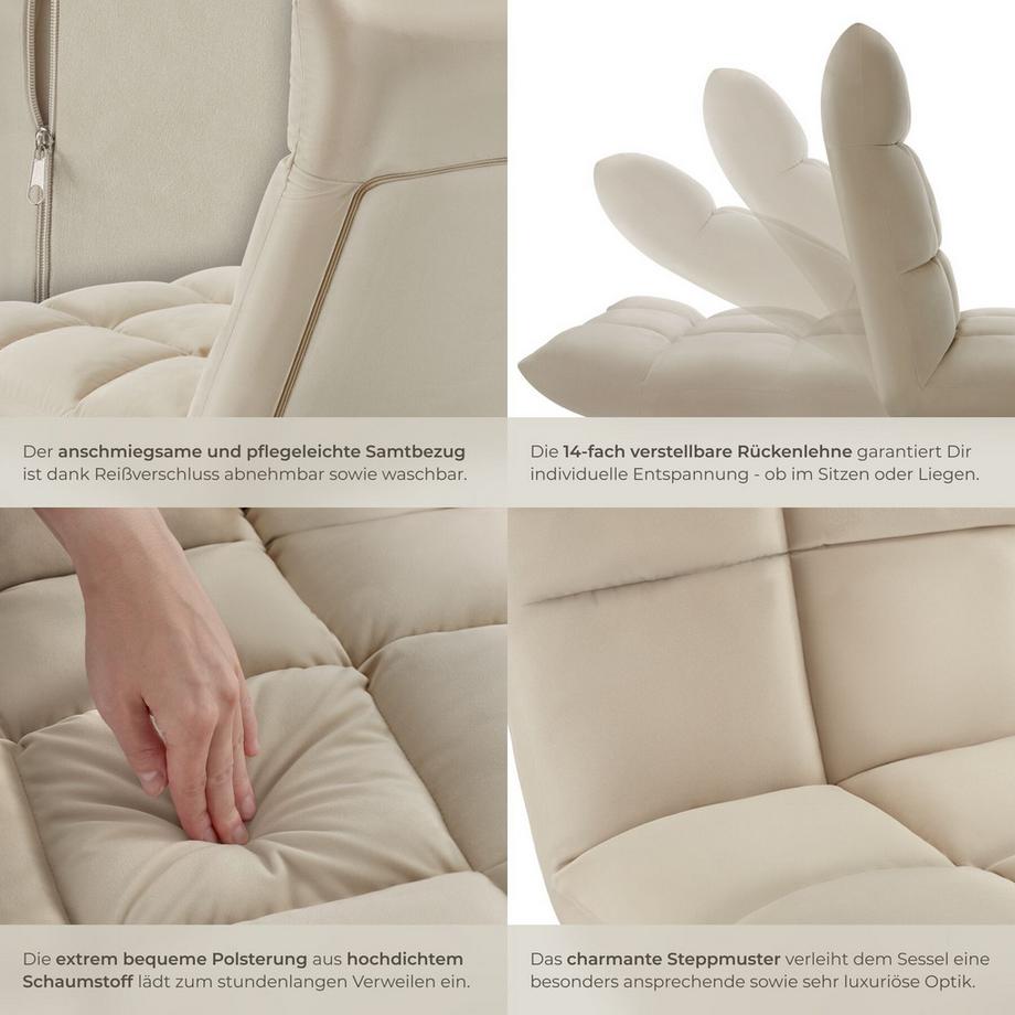 Tectake Relaxsessel  Snooze  2 in 1 als Sessel oder Liege, gepolstert, mit Samtbezug 14-fach verstellbare Rückenlehne  