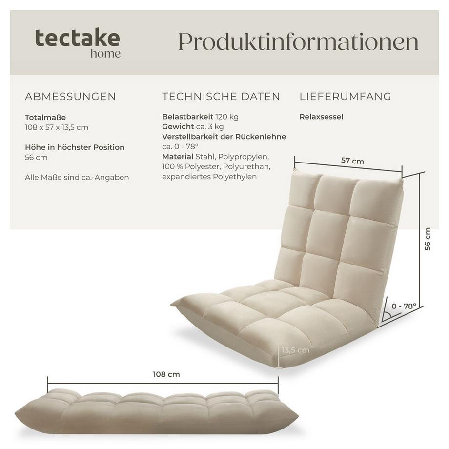 Tectake Relaxsessel  Snooze  2 in 1 als Sessel oder Liege, gepolstert, mit Samtbezug 14-fach verstellbare Rückenlehne  