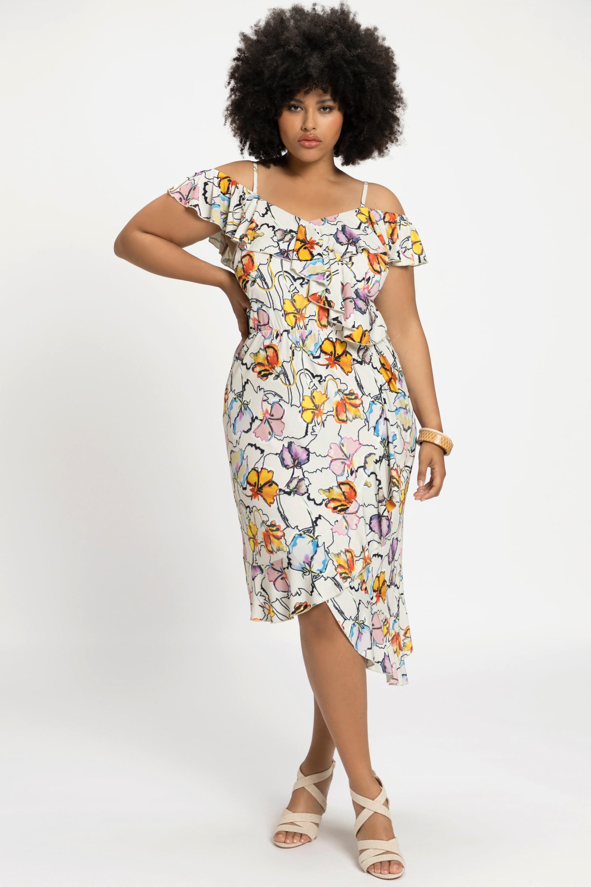 Ulla Popken  Robe midi, épaules dénudées, imprimé floral, ruché 